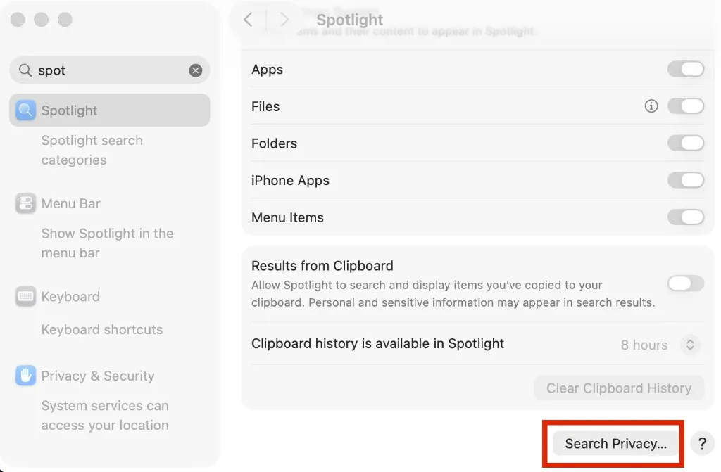 Search Privacy ボタンの場所