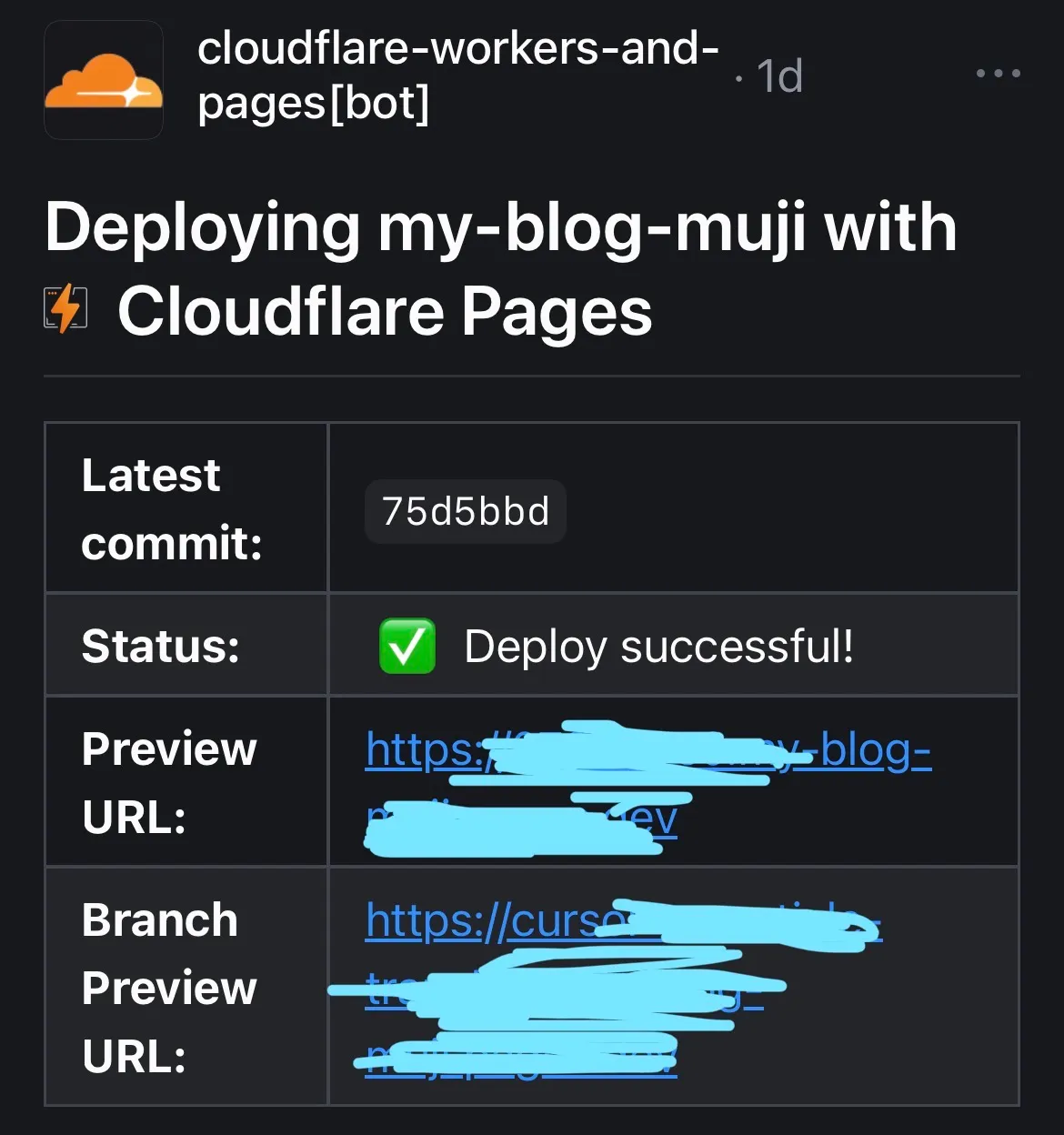 cloudflare-workers-and-pages の PR コメント(コミット・成功・プレビュー URL)