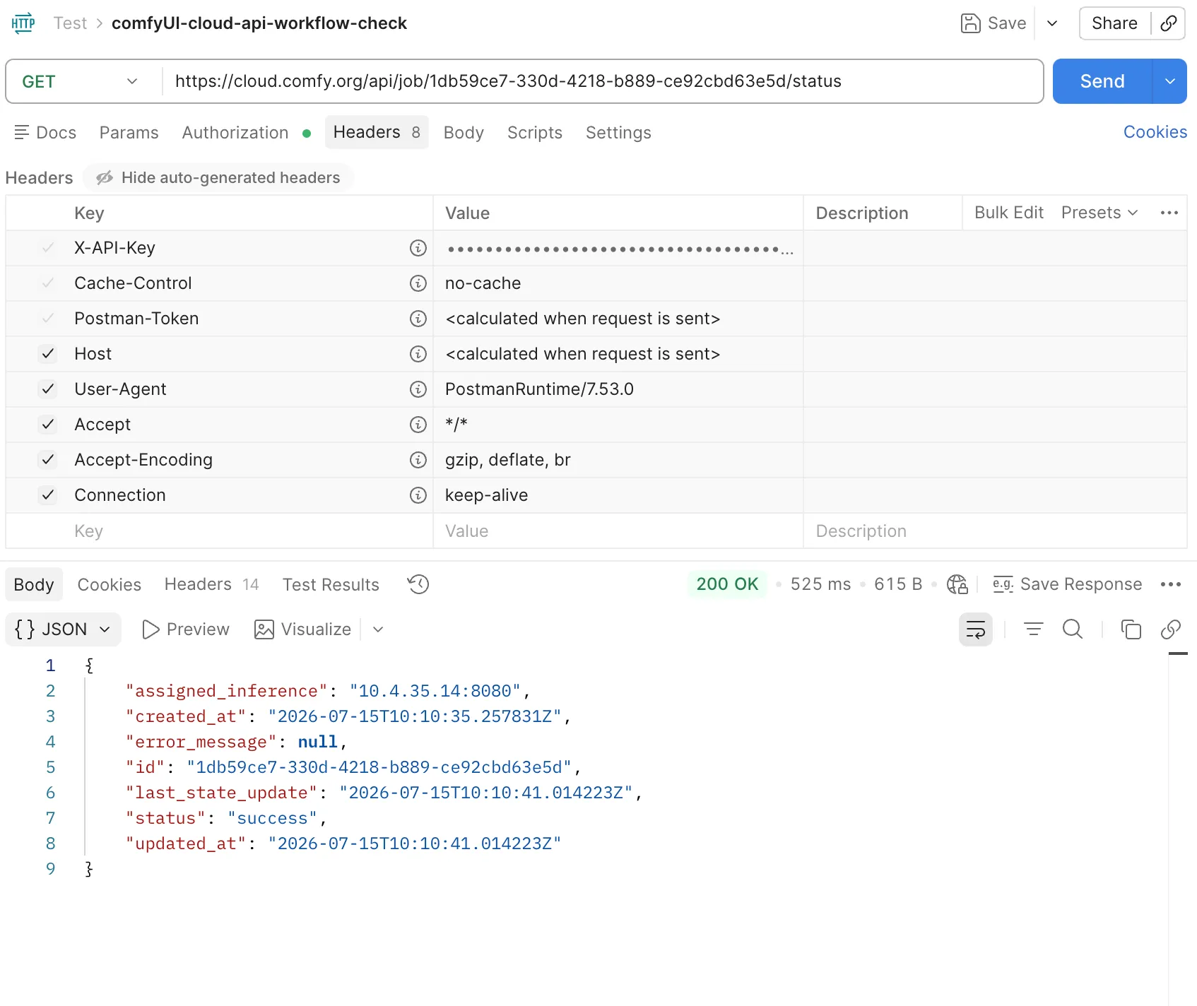 Postman GET /api/job/.../status showing success