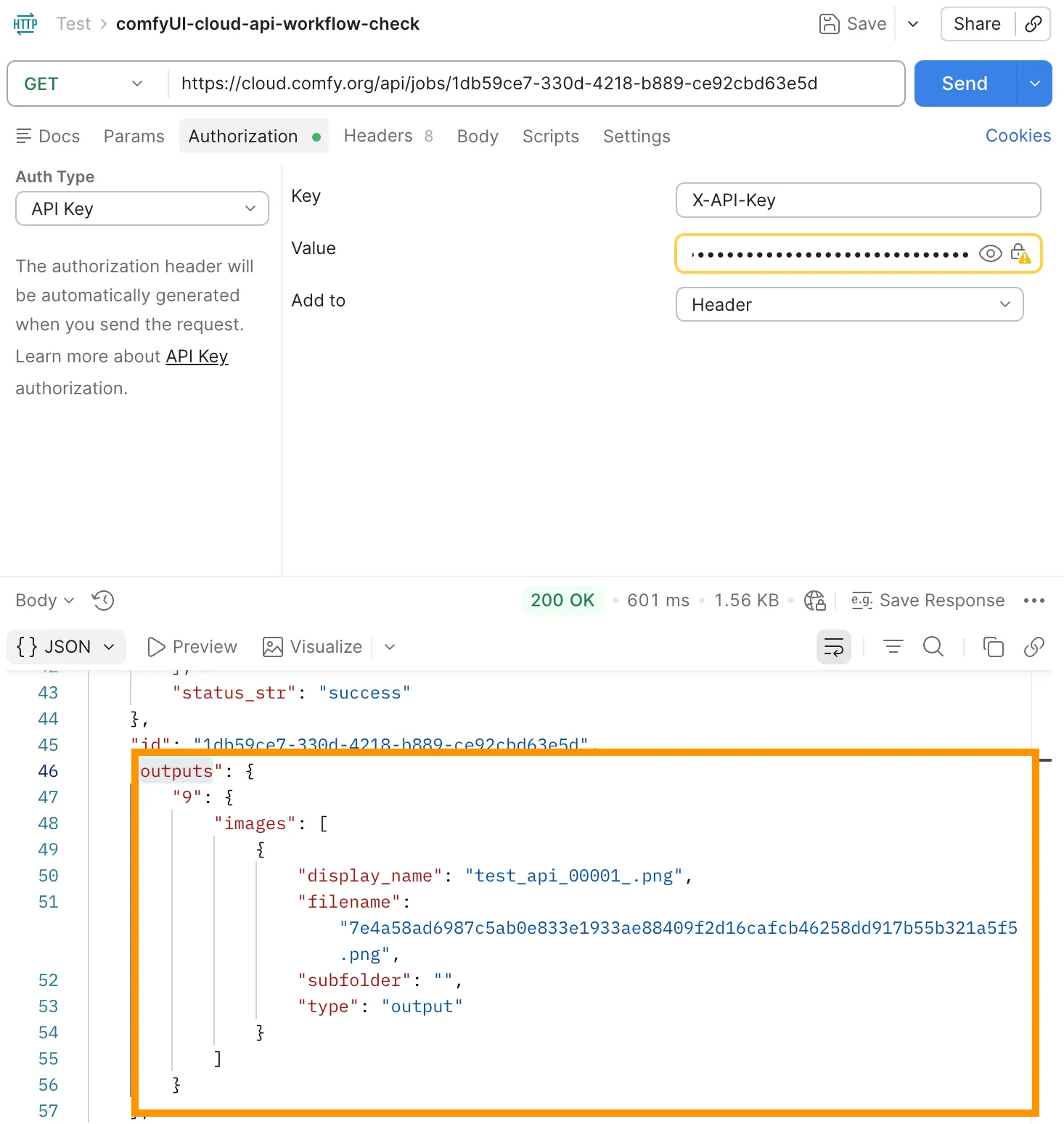 Postman job details showing outputs (filename / display_name)