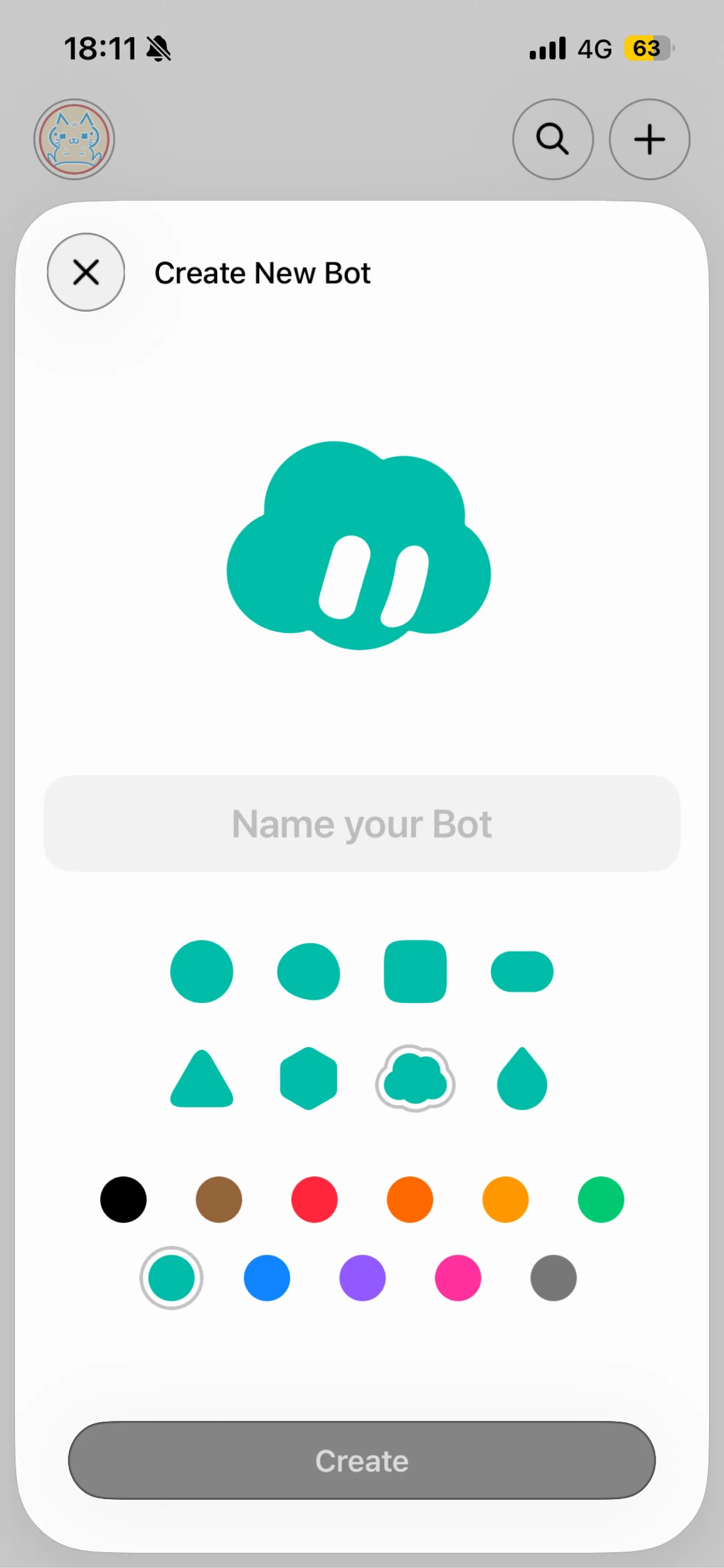 Create New Bot画面。アイコンの形と色を選んでName your Botを入力する