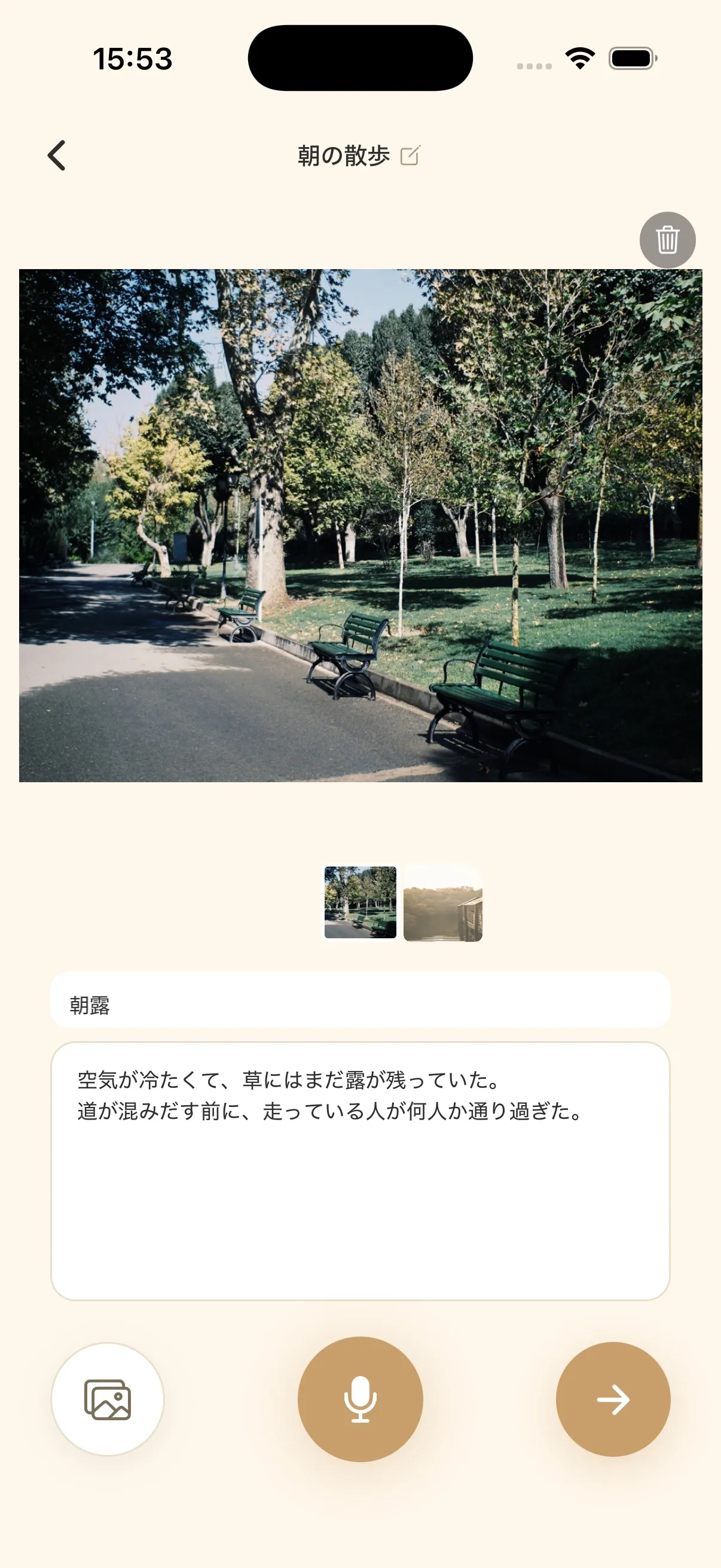 選んだ写真が並んだ録音画面。大きな写真の下にサムネイル、その下にタイトルとメモ欄