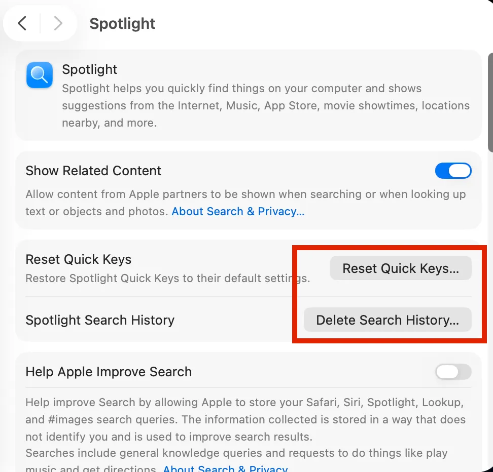 Delete Search History と Reset Quick Keys のボタン