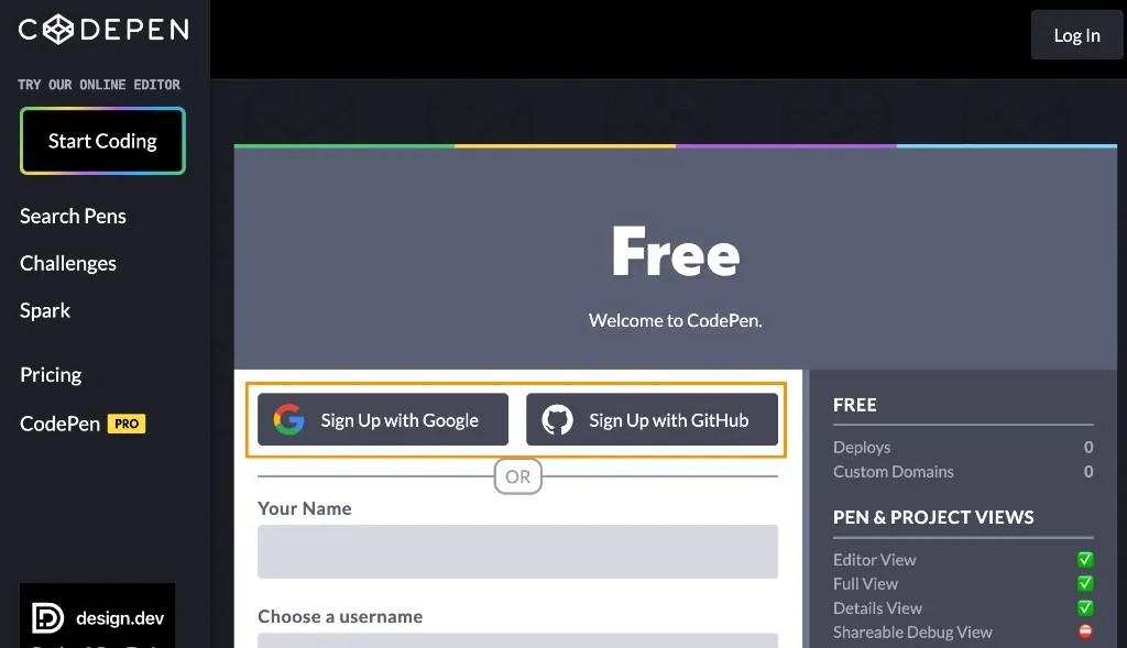 無料プランの登録画面。Google / GitHub、または名前・ユーザー名などの入力にも進める