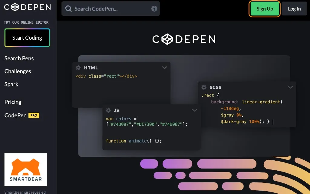 CodePen のトップ画面。右上の Sign Up を押して登録を始める