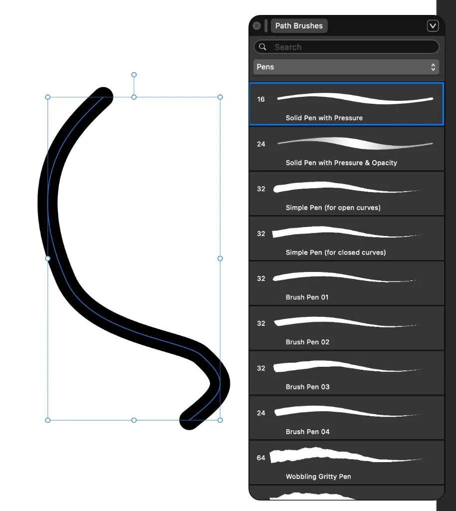 Path Brushes で「Solid Pen with Pressure」を選んだ状態の例