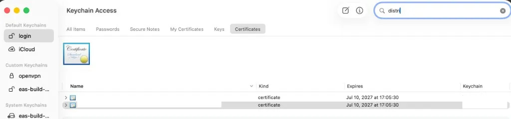 キーチェーンアクセスで Distribution 証明書を検索
