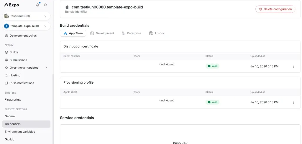 Expo Credentials — 証明書とプロビジョニングプロファイル