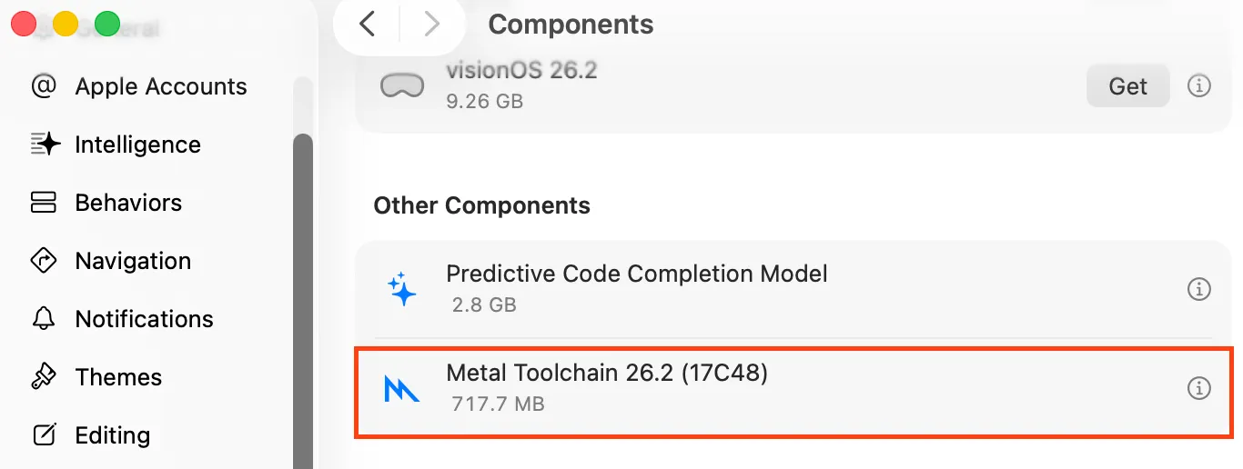 Metal Toolchain ダウンロード完了の確認画面