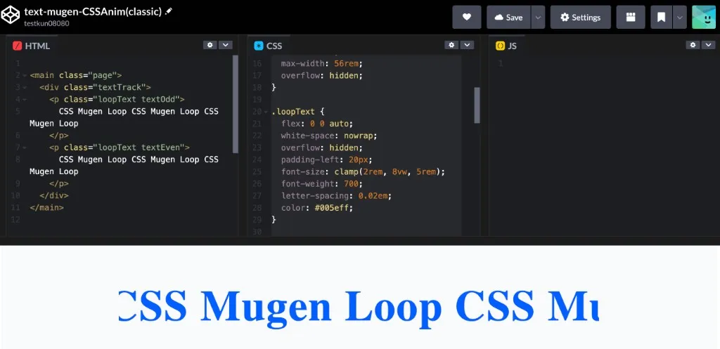 Classic で無限テキスト用の HTML・CSS を書いている画面